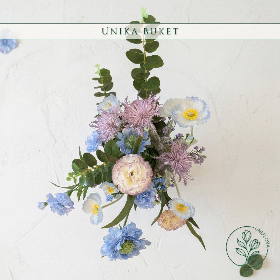 Evighedsbuket Unika 26.20: Himmelsk Ro med nuancer af groen, jadegron, pink, lilla-1, lysebla-1, lavendel, hvid - Uniflora