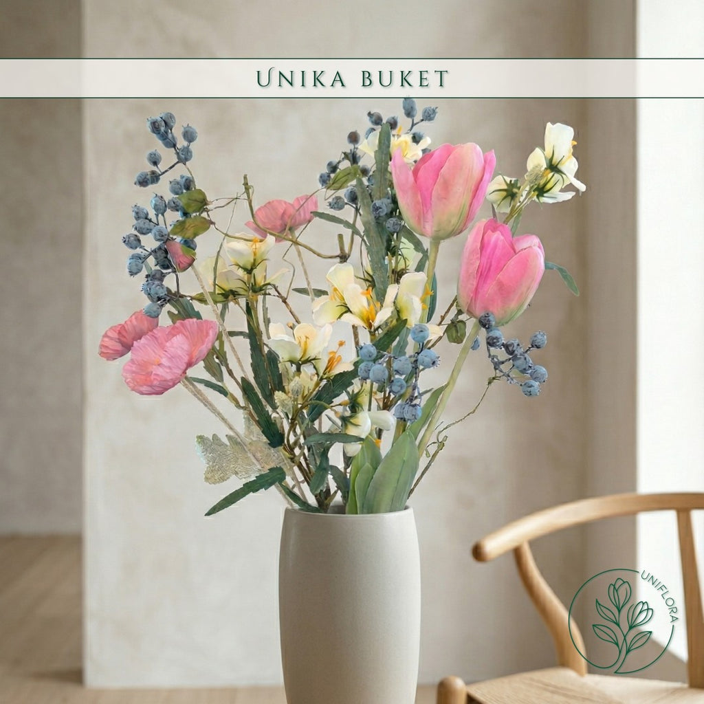 Evighedsbuket Unika 26.21: Forårsglæde med nuancer af groen, jadegron, pink, lysebla-1, hvid - Uniflora