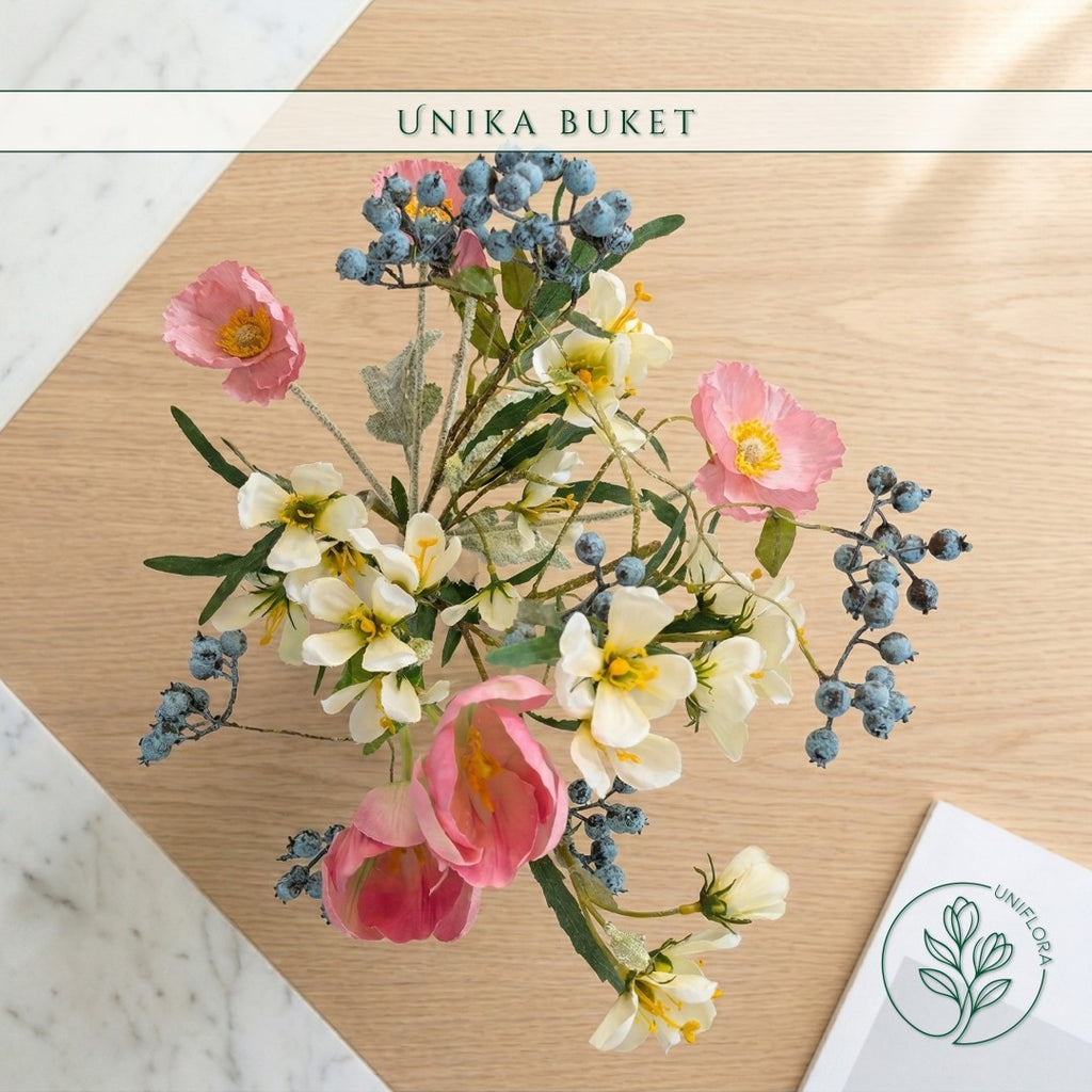 Evighedsbuket Unika 26.21: Forårsglæde med nuancer af groen, jadegron, pink, lysebla-1, hvid - Uniflora