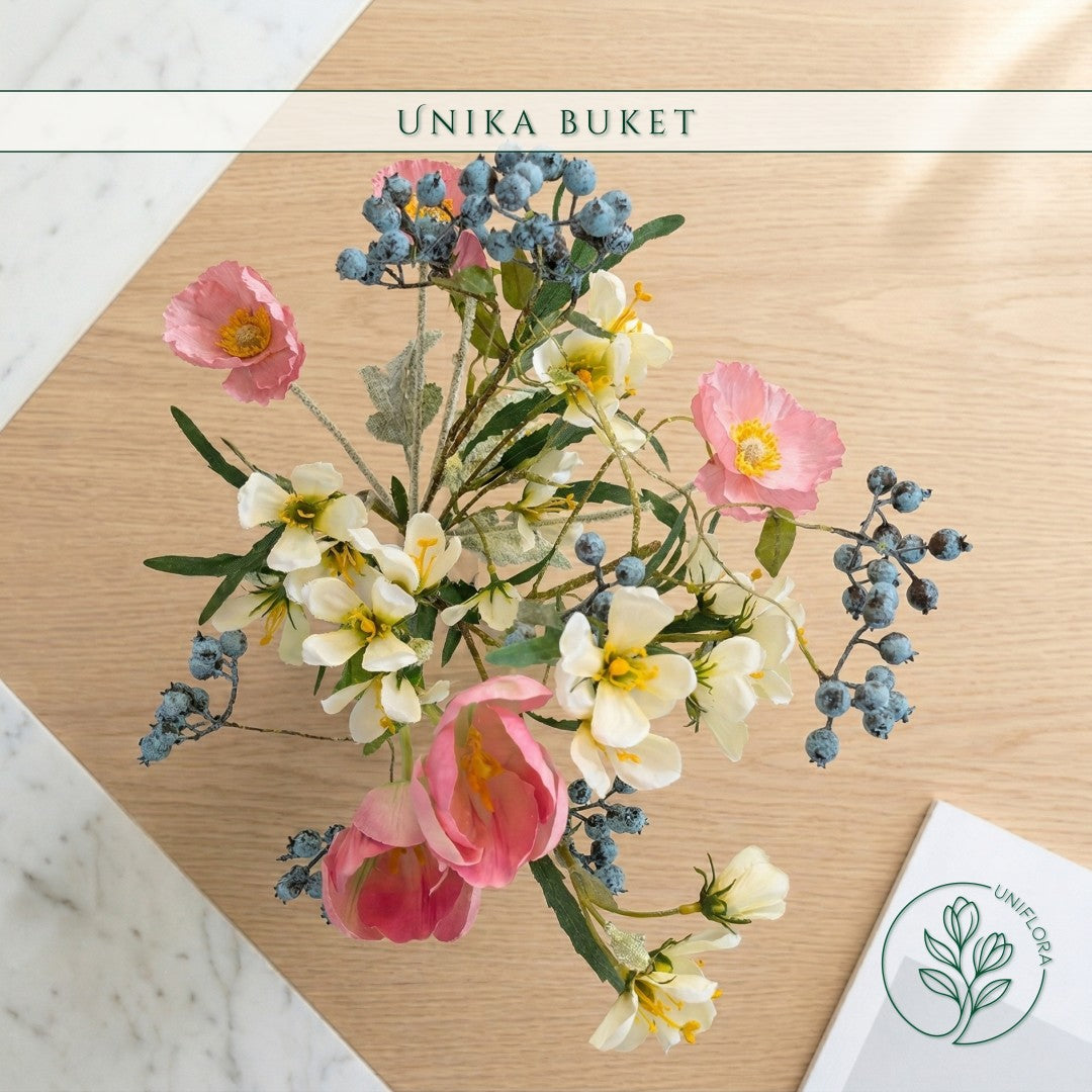 Evighedsbuket Unika 26.21: Forårsglæde med nuancer af groen, jadegron, pink, lysebla-1, hvid - Uniflora
