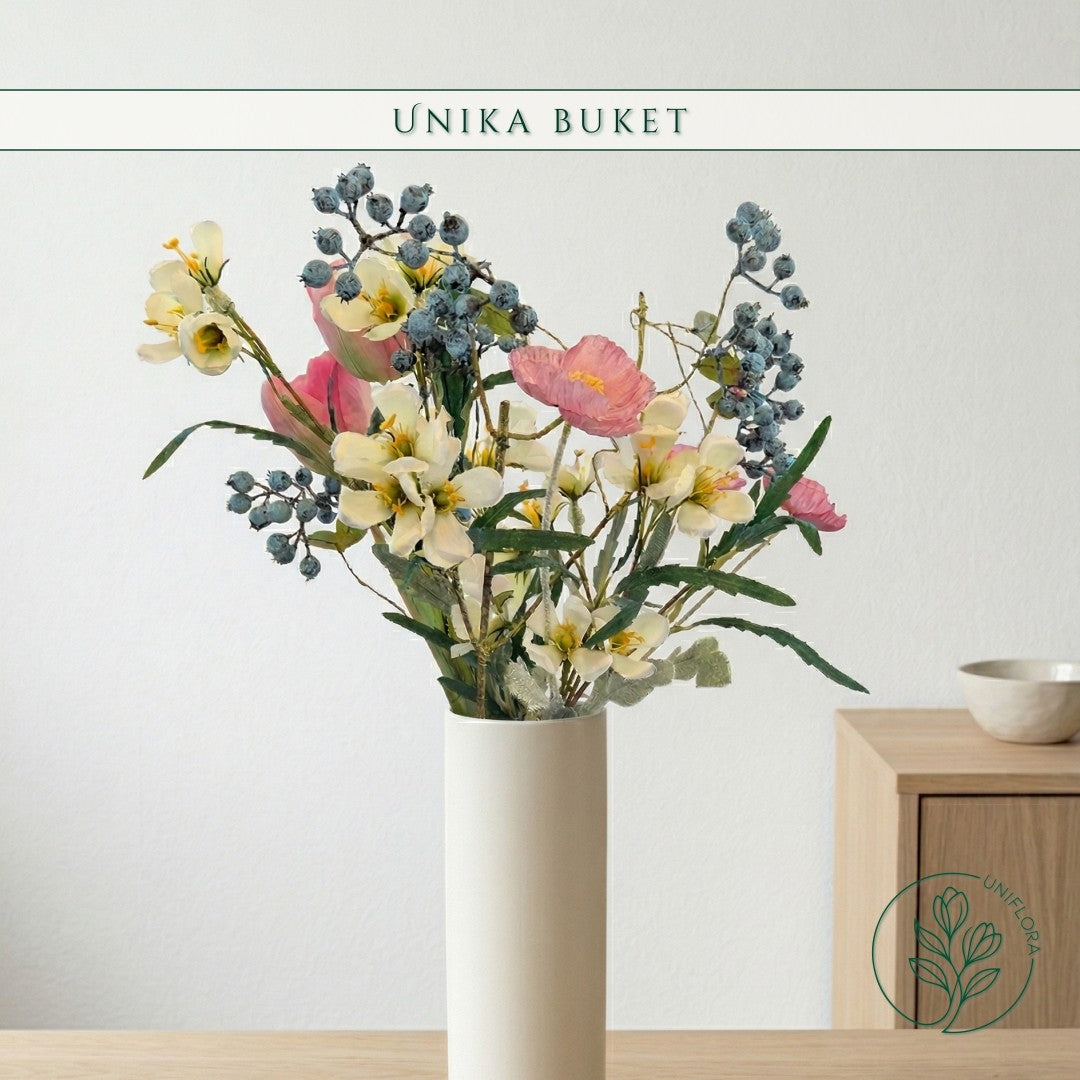 Evighedsbuket Unika 26.21: Forårsglæde med nuancer af groen, jadegron, pink, lysebla-1, hvid - Uniflora