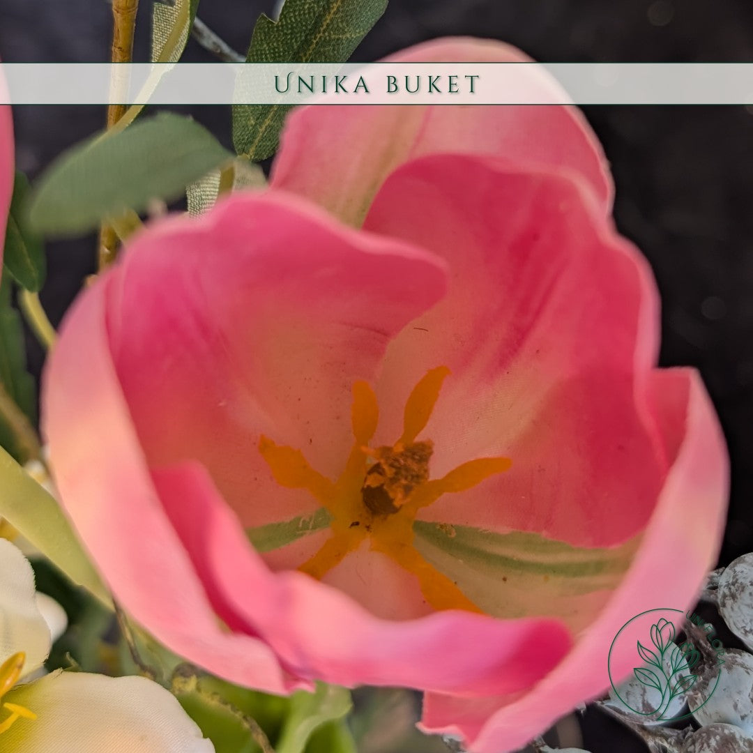 Evighedsbuket Unika 26.21: Forårsglæde med nuancer af groen, jadegron, pink, lysebla-1, hvid - Uniflora