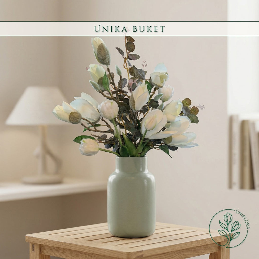 Evighedsbuket Unika 26.25: Vinterhvid Drøm med nuancer af groen, jadegron, hvid - Uniflora