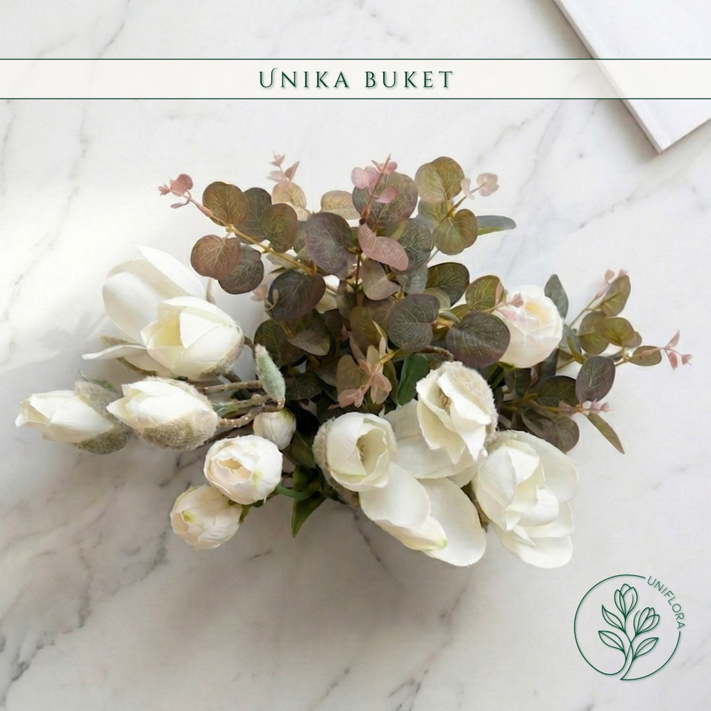 Evighedsbuket Unika 26.25: Vinterhvid Drøm med nuancer af groen, jadegron, hvid - Uniflora