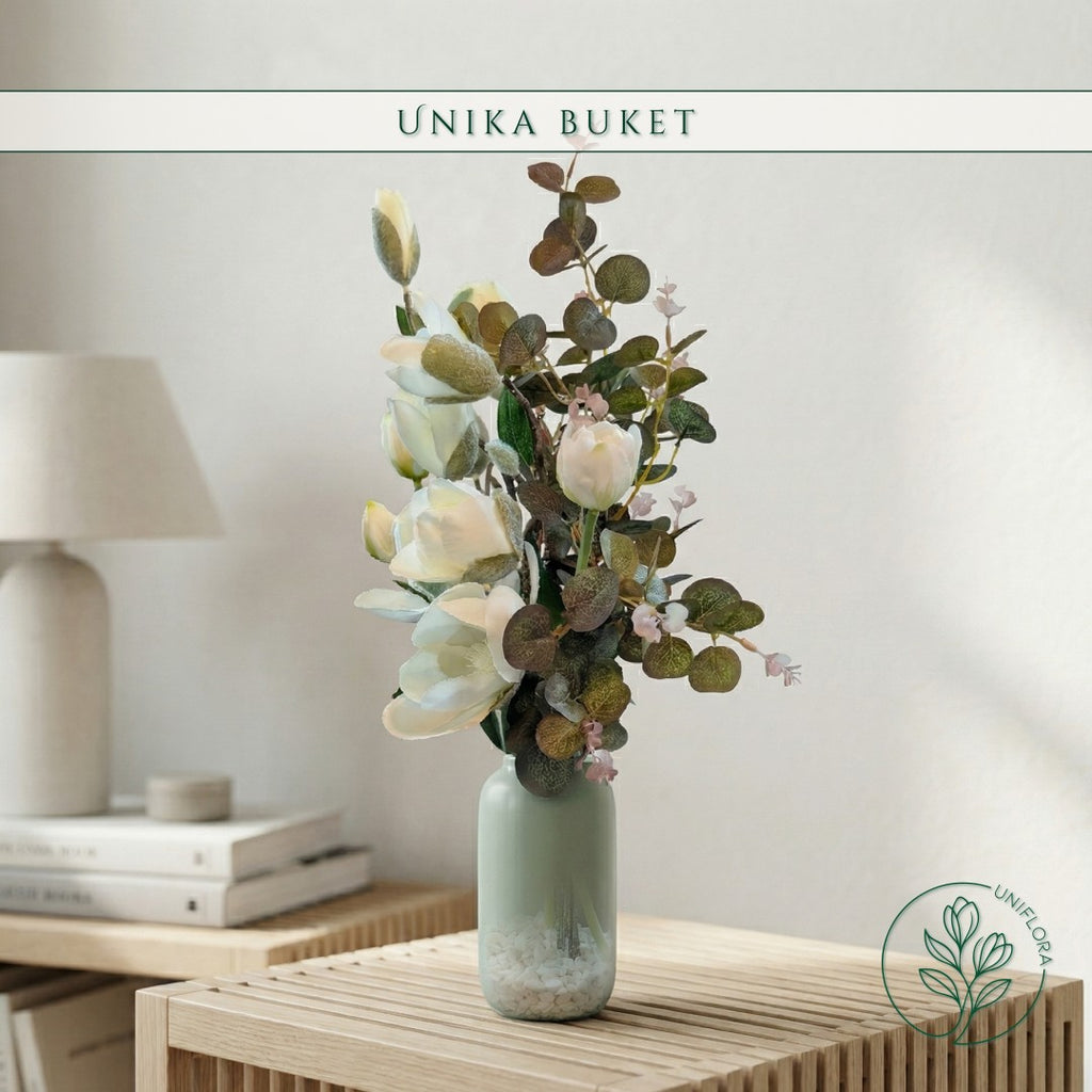 Evighedsbuket Unika 26.25: Vinterhvid Drøm med nuancer af groen, jadegron, hvid - Uniflora