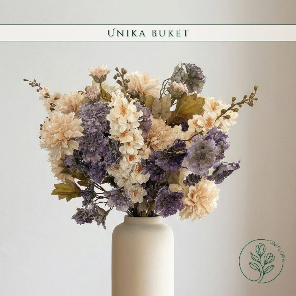 Evighedsbuket Unika 26.26: Støvet Poesi med nuancer af groen, jadegron, lavendel, lilla-1, lys-brun, hvid - Uniflora