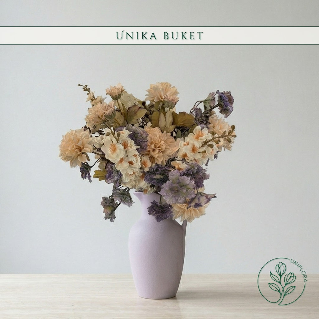 Evighedsbuket Unika 26.26: Støvet Poesi med nuancer af groen, jadegron, lavendel, lilla-1, lys-brun, hvid - Uniflora