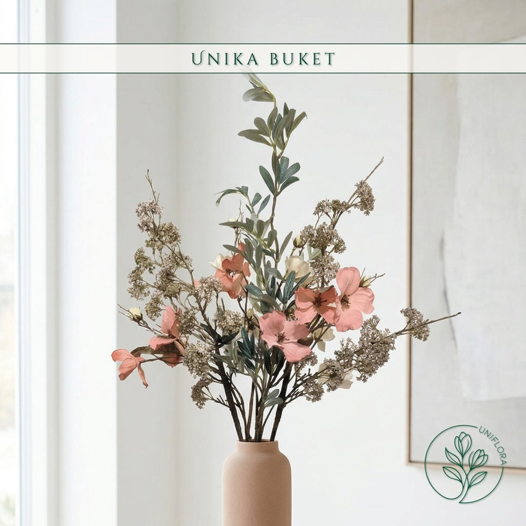 Evighedsbuket Unika 26.29: Dæmpet Glød med nuancer af groen, jadegron, hvid, pink - Uniflora