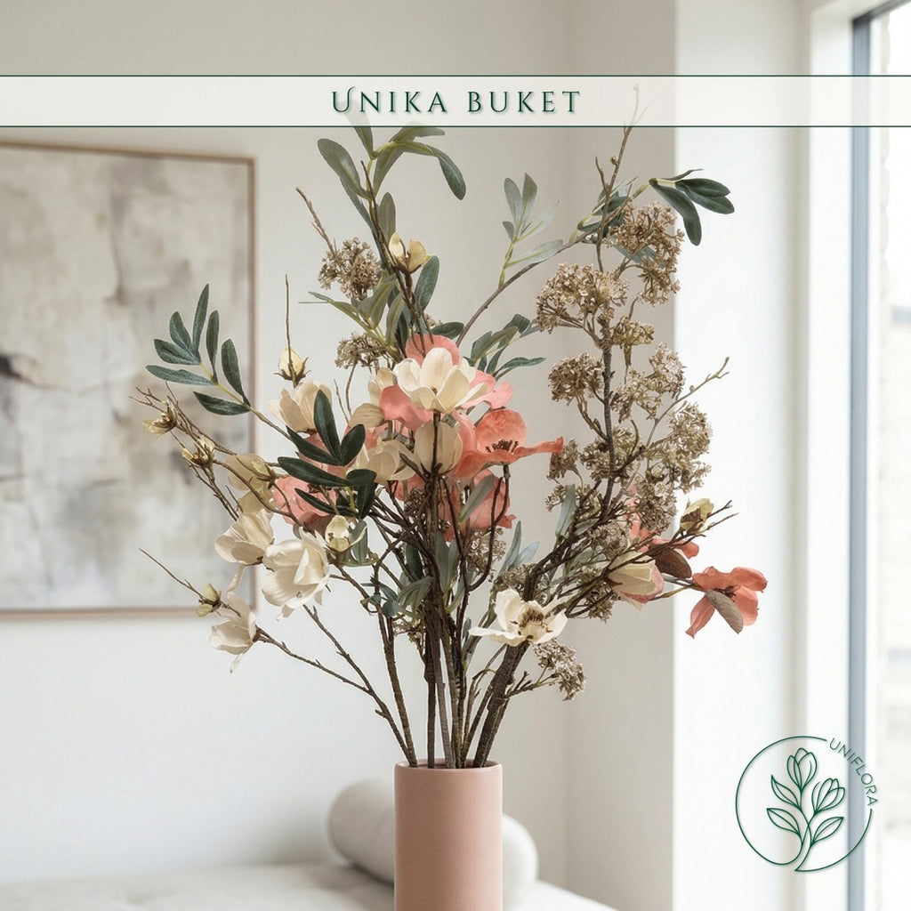 Evighedsbuket Unika 26.29: Dæmpet Glød med nuancer af groen, jadegron, hvid, pink - Uniflora