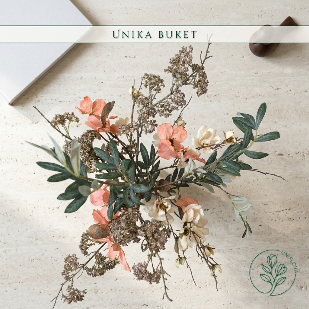 Evighedsbuket Unika 26.29: Dæmpet Glød med nuancer af groen, jadegron, hvid, pink - Uniflora