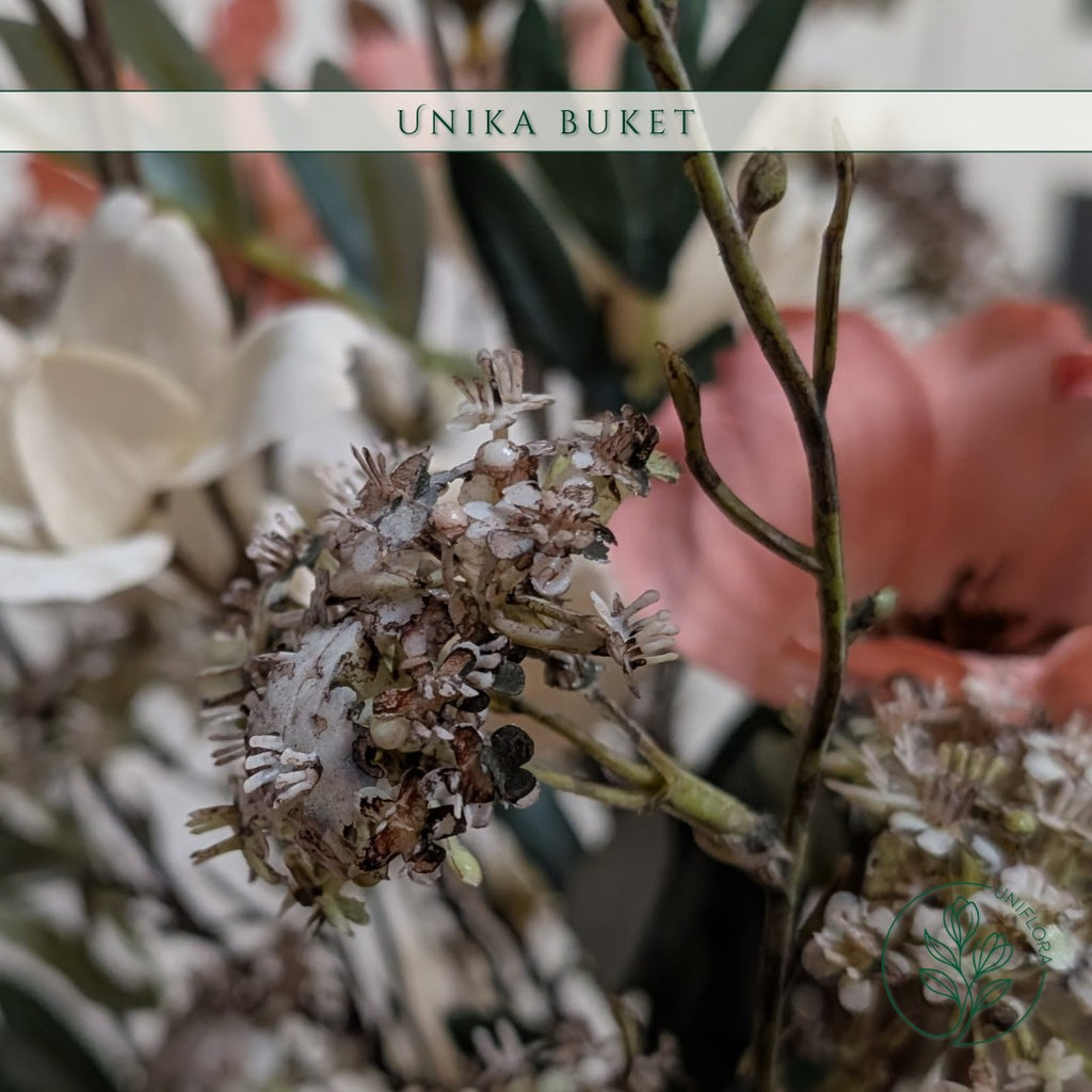 Evighedsbuket Unika 26.29: Dæmpet Glød med nuancer af groen, jadegron, hvid, pink - Uniflora