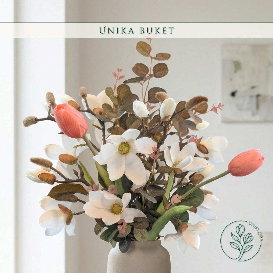 Evighedsbuket Unika 26.31: Floraens Perle med nuancer af groen, jadegron, hvid, pink - Uniflora