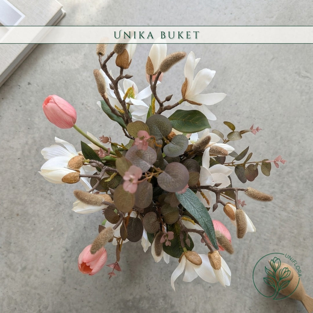Evighedsbuket Unika 26.31: Floraens Perle med nuancer af groen, jadegron, hvid, pink - Uniflora
