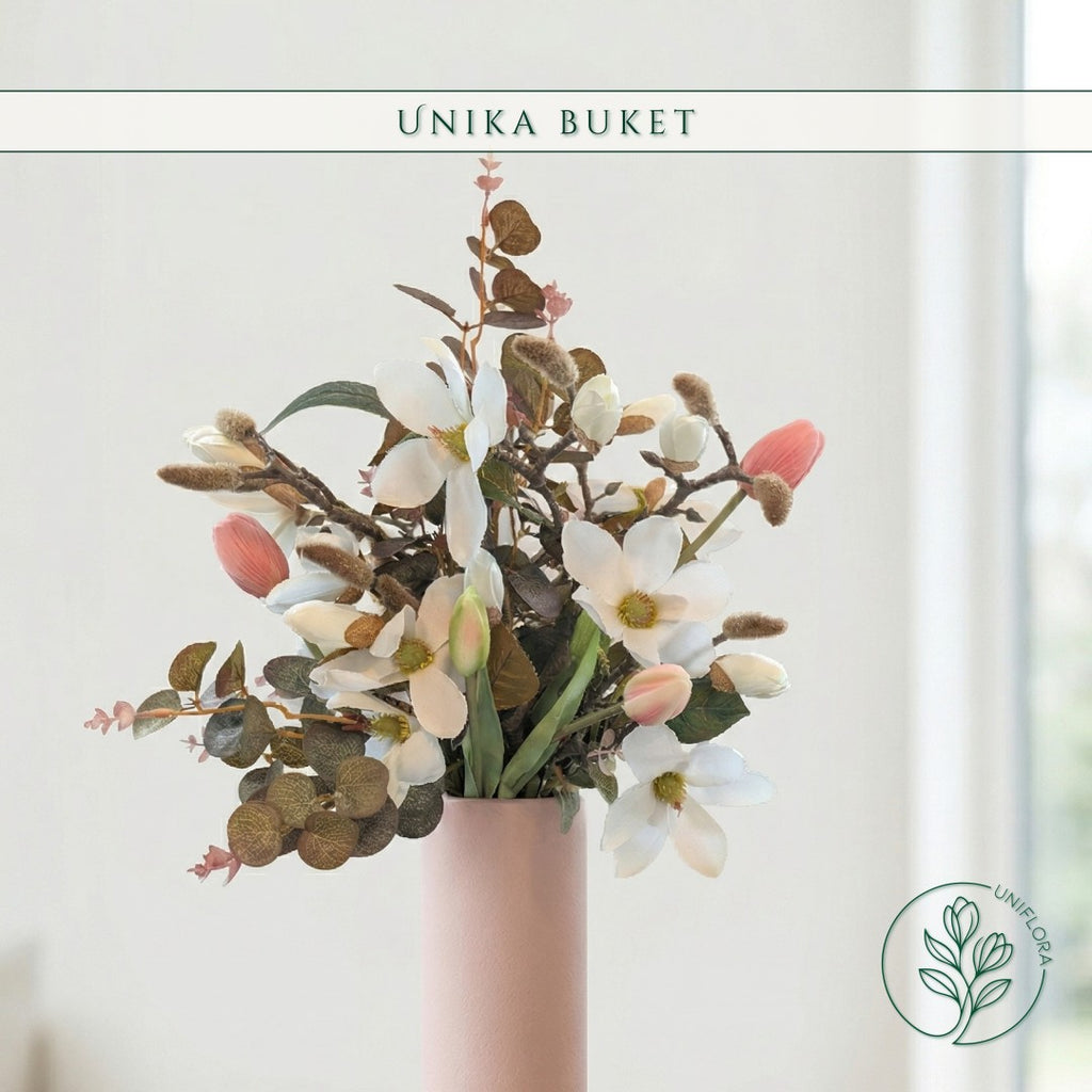 Evighedsbuket Unika 26.31: Floraens Perle med nuancer af groen, jadegron, hvid, pink - Uniflora