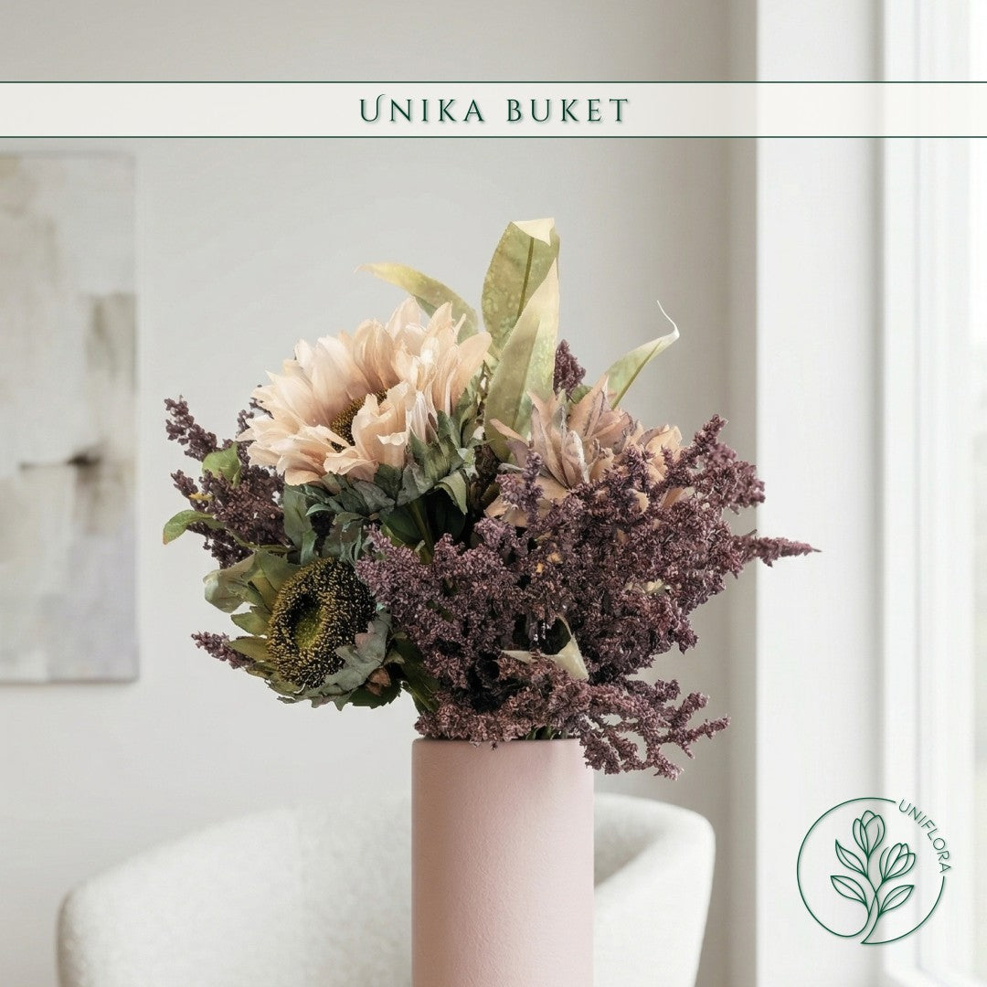 Evighedsbuket Unika 26.32: Skovbundens Dyb med nuancer af groen, jadegron, hvid, lilla-1, lys-brun, mellembrun - Uniflora