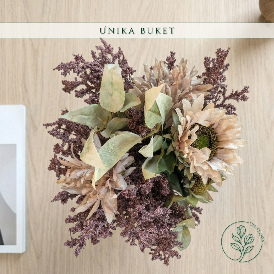 Evighedsbuket Unika 26.32: Skovbundens Dyb med nuancer af groen, jadegron, hvid, lilla-1, lys-brun, mellembrun - Uniflora