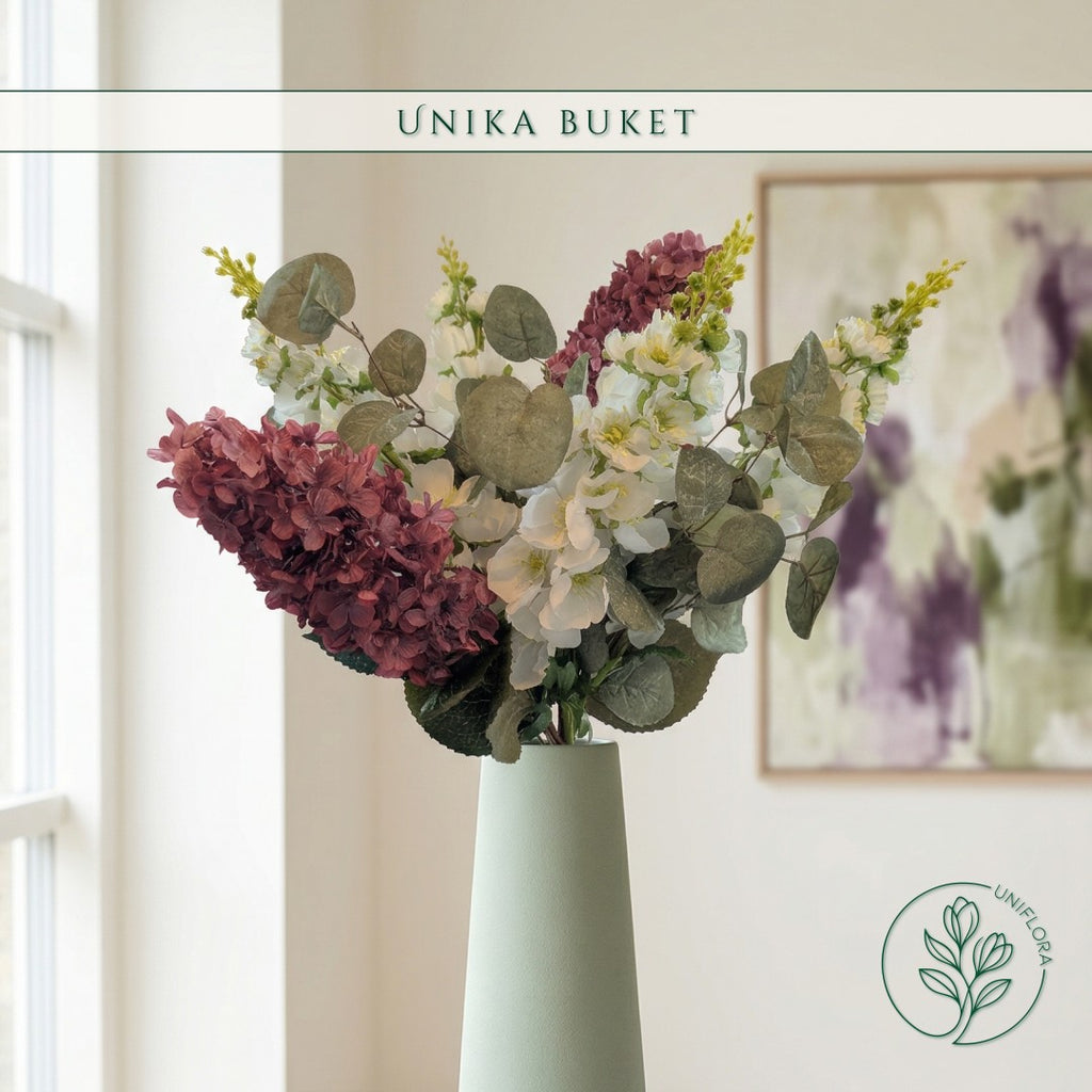 Evighedsbuket Unika 26.33: Skjult Længsel med nuancer af groen, jadegron, hvid, magenta - Uniflora