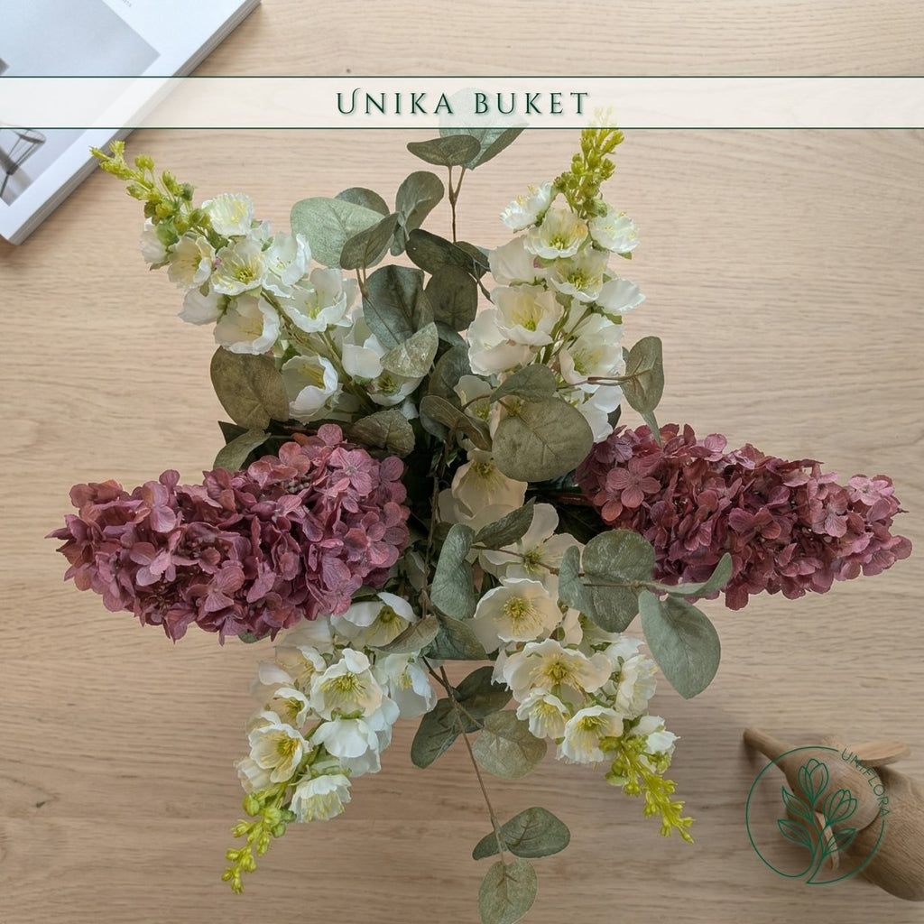 Evighedsbuket Unika 26.33: Skjult Længsel med nuancer af groen, jadegron, hvid, magenta - Uniflora