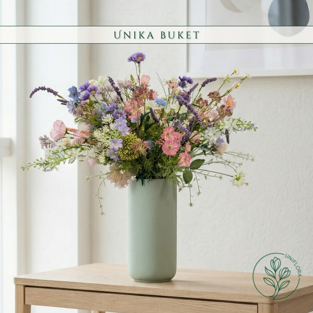 Evighedsbuket Unika 26.34: Sommerens Lysning med nuancer af groen, jadegron, hvid, magenta, pink-1, lavendel, lilla-1, violet, lysebla-1, bla-1, lysebla, gyldenbrun, zink-gul, mork-rod, koralrod, gul - Uniflora