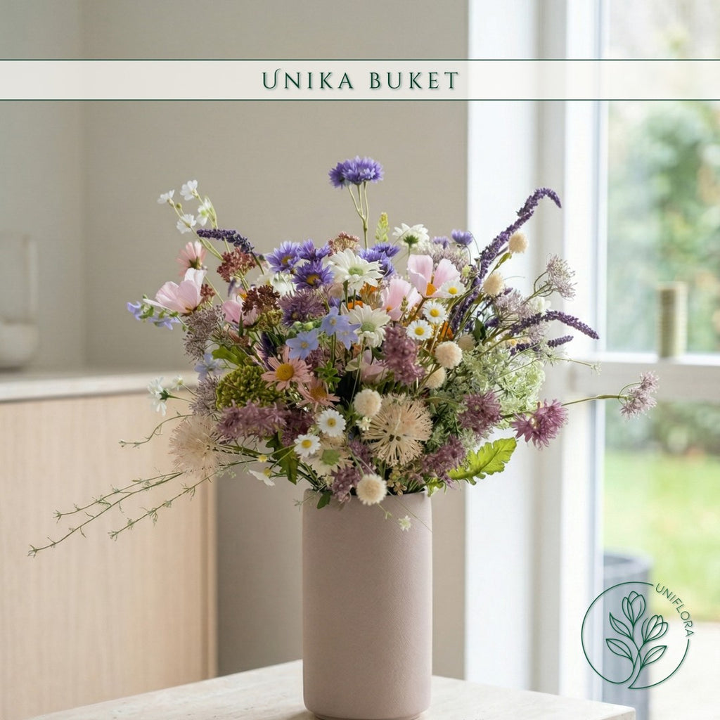 Evighedsbuket Unika 26.34: Sommerens Lysning med nuancer af groen, jadegron, hvid, magenta, pink-1, lavendel, lilla-1, violet, lysebla-1, bla-1, lysebla, gyldenbrun, zink-gul, mork-rod, koralrod, gul - Uniflora