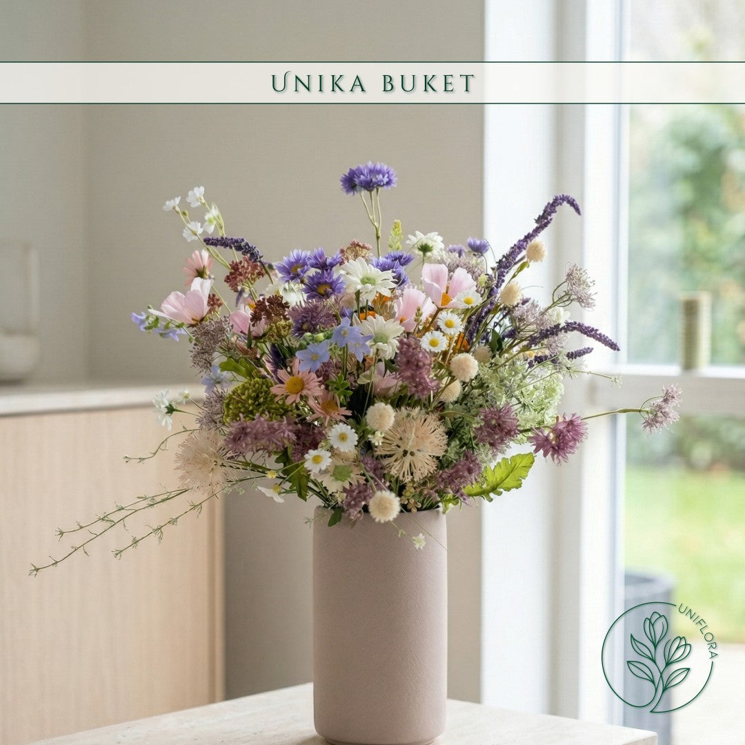 Evighedsbuket Unika 26.34: Sommerens Lysning med nuancer af groen, jadegron, hvid, magenta, pink-1, lavendel, lilla-1, violet, lysebla-1, bla-1, lysebla, gyldenbrun, zink-gul, mork-rod, koralrod, gul - Uniflora