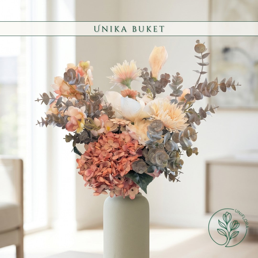 Evighedsbuket Unika 26.35: Mild Dis med nuancer af koralrod, orange, mellembrun, jadegron, hvid - Uniflora