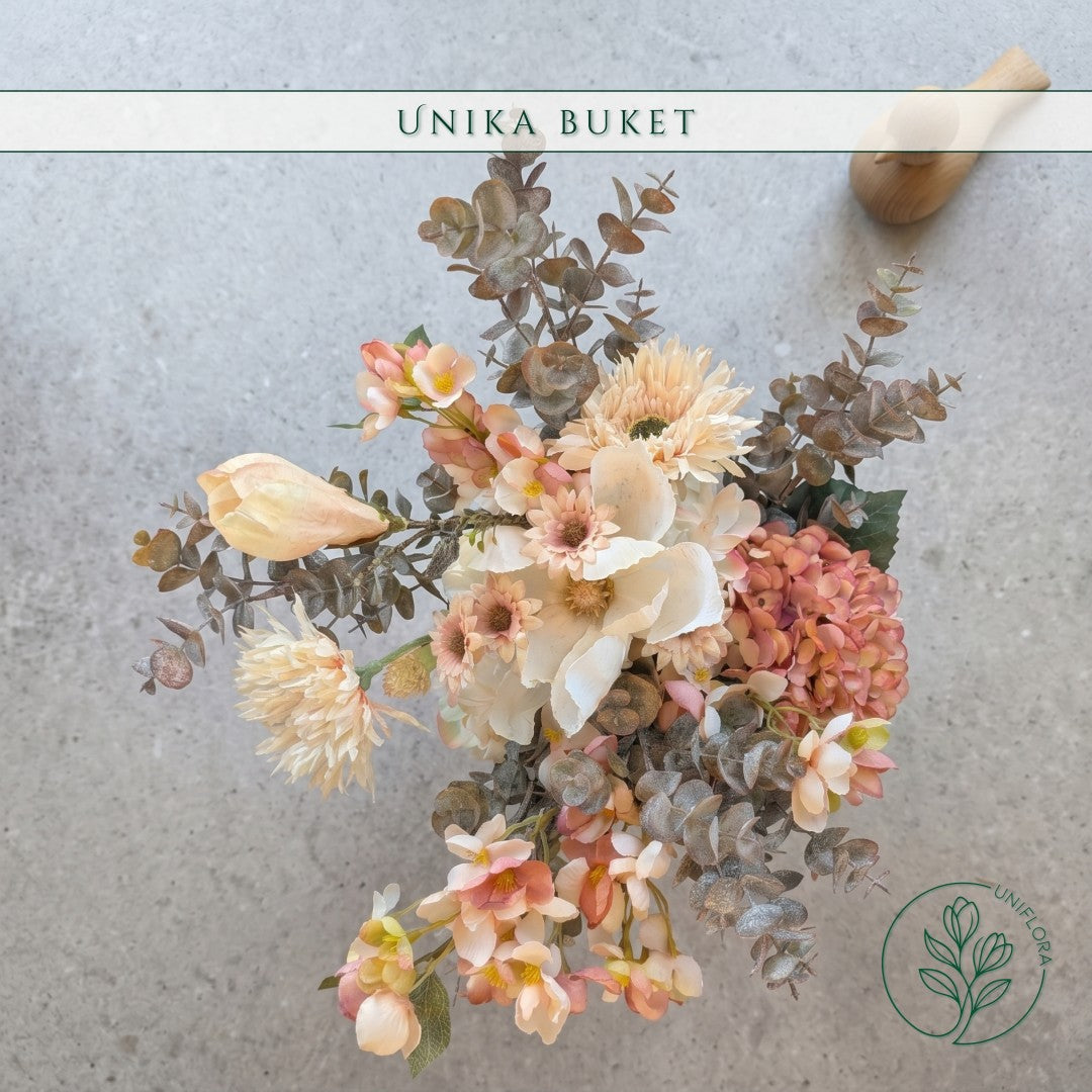 Evighedsbuket Unika 26.35: Mild Dis med nuancer af koralrod, orange, mellembrun, jadegron, hvid - Uniflora