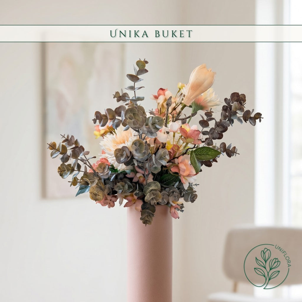 Evighedsbuket Unika 26.35: Mild Dis med nuancer af koralrod, orange, mellembrun, jadegron, hvid - Uniflora