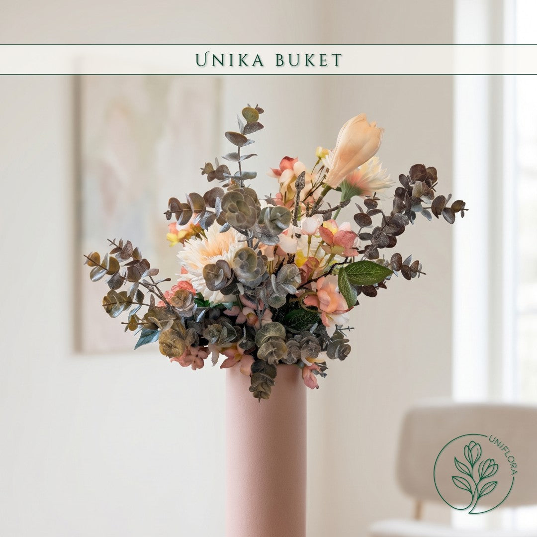 Evighedsbuket Unika 26.35: Mild Dis med nuancer af koralrod, orange, mellembrun, jadegron, hvid - Uniflora