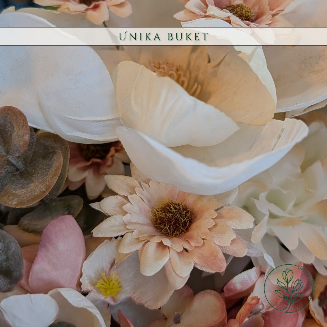 Evighedsbuket Unika 26.35: Mild Dis med nuancer af koralrod, orange, mellembrun, jadegron, hvid - Uniflora