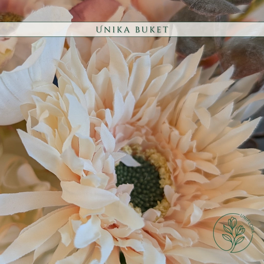 Evighedsbuket Unika 26.35: Mild Dis med nuancer af koralrod, orange, mellembrun, jadegron, hvid - Uniflora