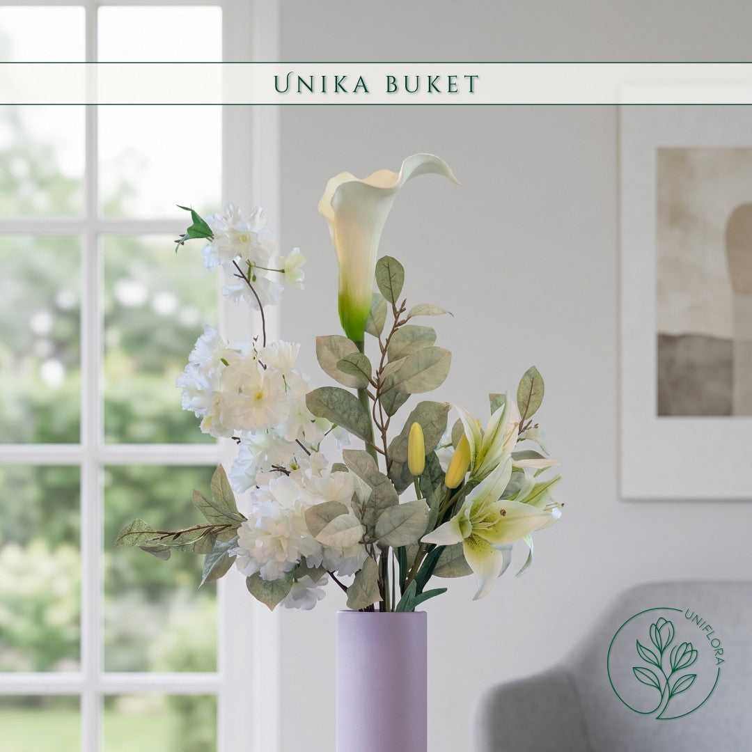 Evighedsbuket Unika 26.36: Snehvid Dråbe med nuancer af jadegron, zink-gul, hvid - Uniflora