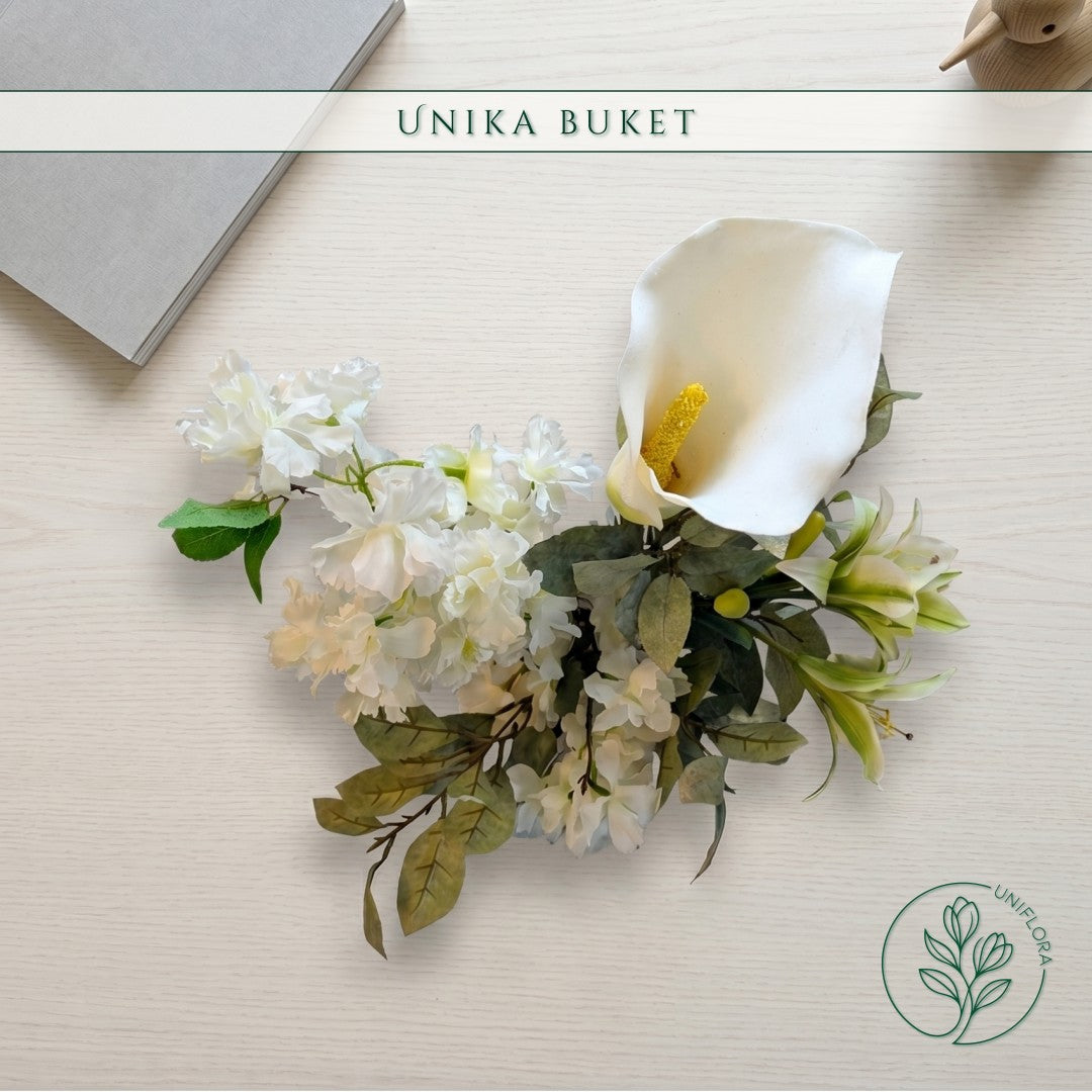 Evighedsbuket Unika 26.36: Snehvid Dråbe med nuancer af jadegron, zink-gul, hvid - Uniflora