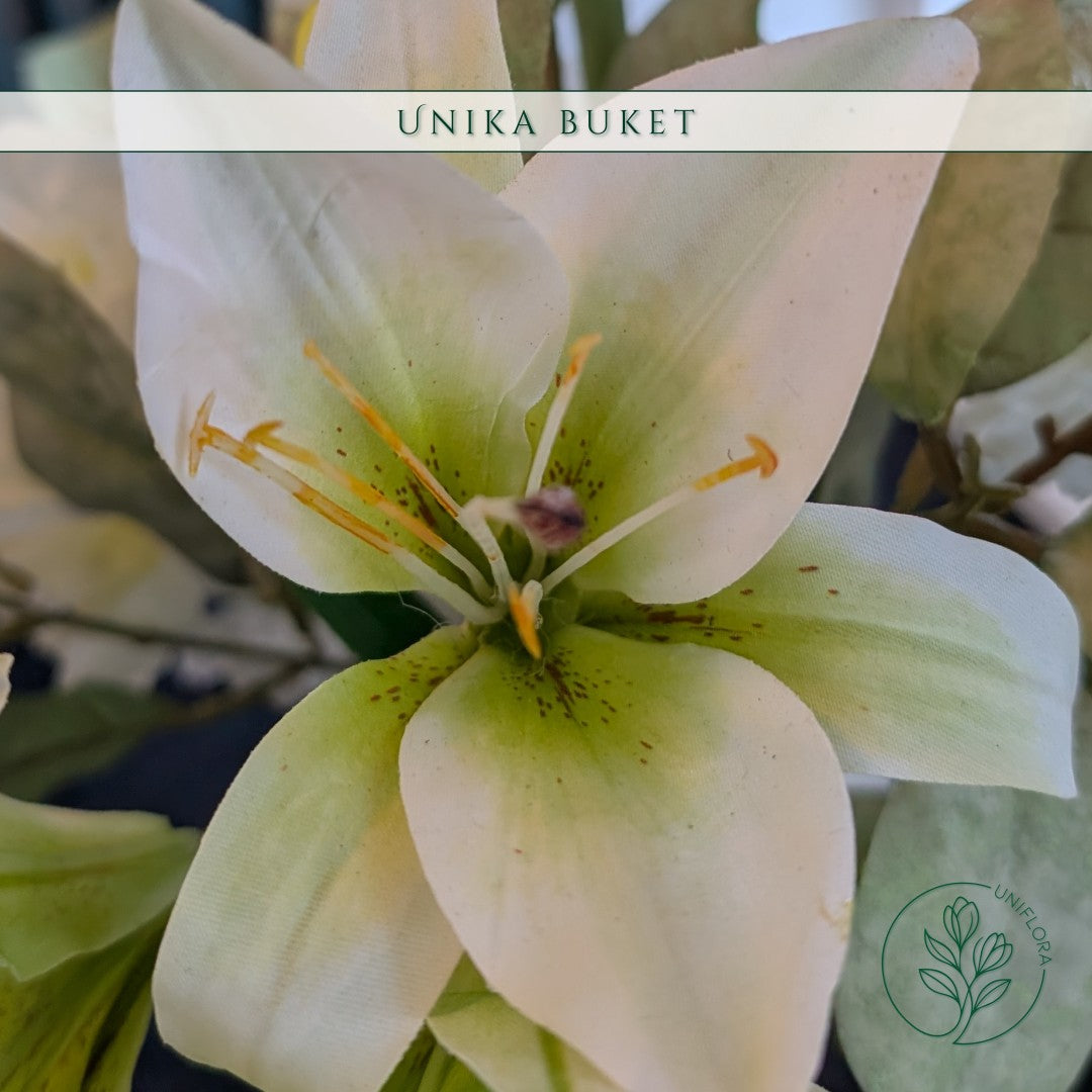 Evighedsbuket Unika 26.36: Snehvid Dråbe med nuancer af jadegron, zink-gul, hvid - Uniflora