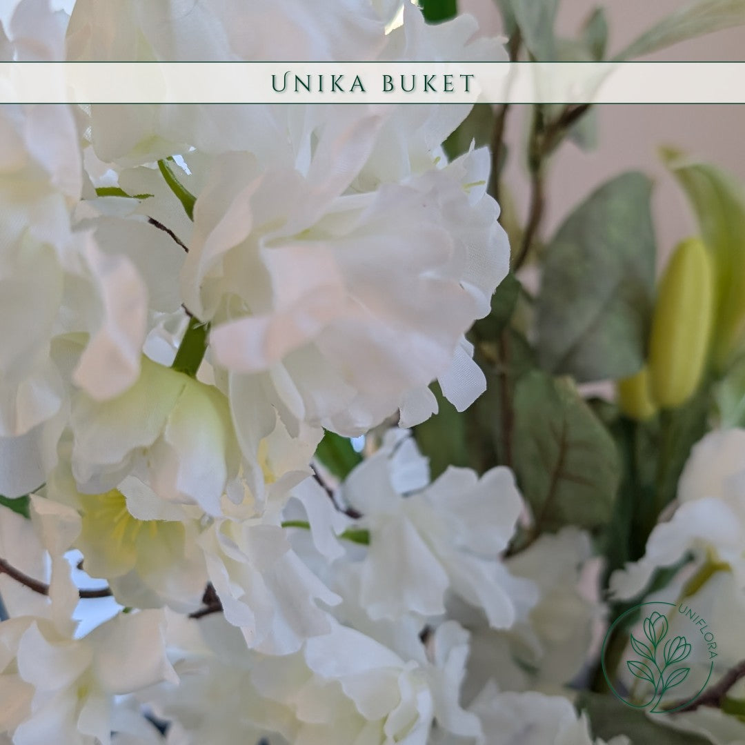 Evighedsbuket Unika 26.36: Snehvid Dråbe med nuancer af jadegron, zink-gul, hvid - Uniflora