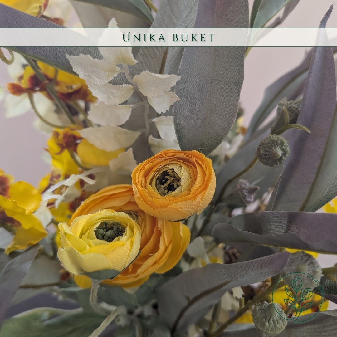 Evighedsbuket Unika 26.3: Solskinsdans med nuancer af groen, gul, orange - Uniflora