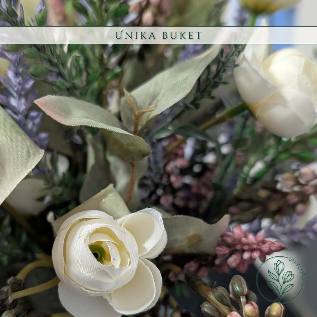 Evighedsbuket Unika 26.5: Lykkeskær med nuancer af hvid, lavendel, groen, pink, olivenbrun - Uniflora