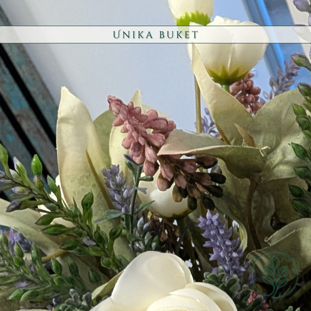 Evighedsbuket Unika 26.5: Lykkeskær med nuancer af hvid, lavendel, groen, pink, olivenbrun - Uniflora