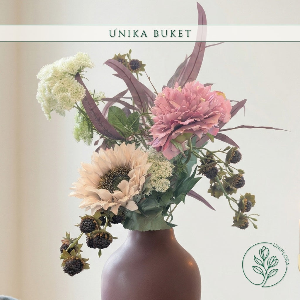 Evighedsbuket Unika 26.8: Skovens Favn med nuancer af lys-brun, pink-1, lilla-1, hvid, bla, groen, jadegron - Uniflora