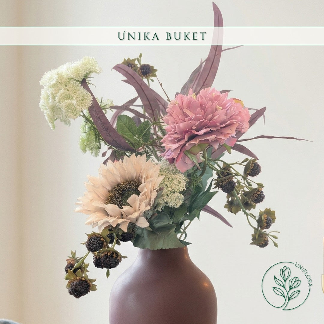 Evighedsbuket Unika 26.8: Skovens Favn med nuancer af lys-brun, pink-1, lilla-1, hvid, bla, groen, jadegron - Uniflora