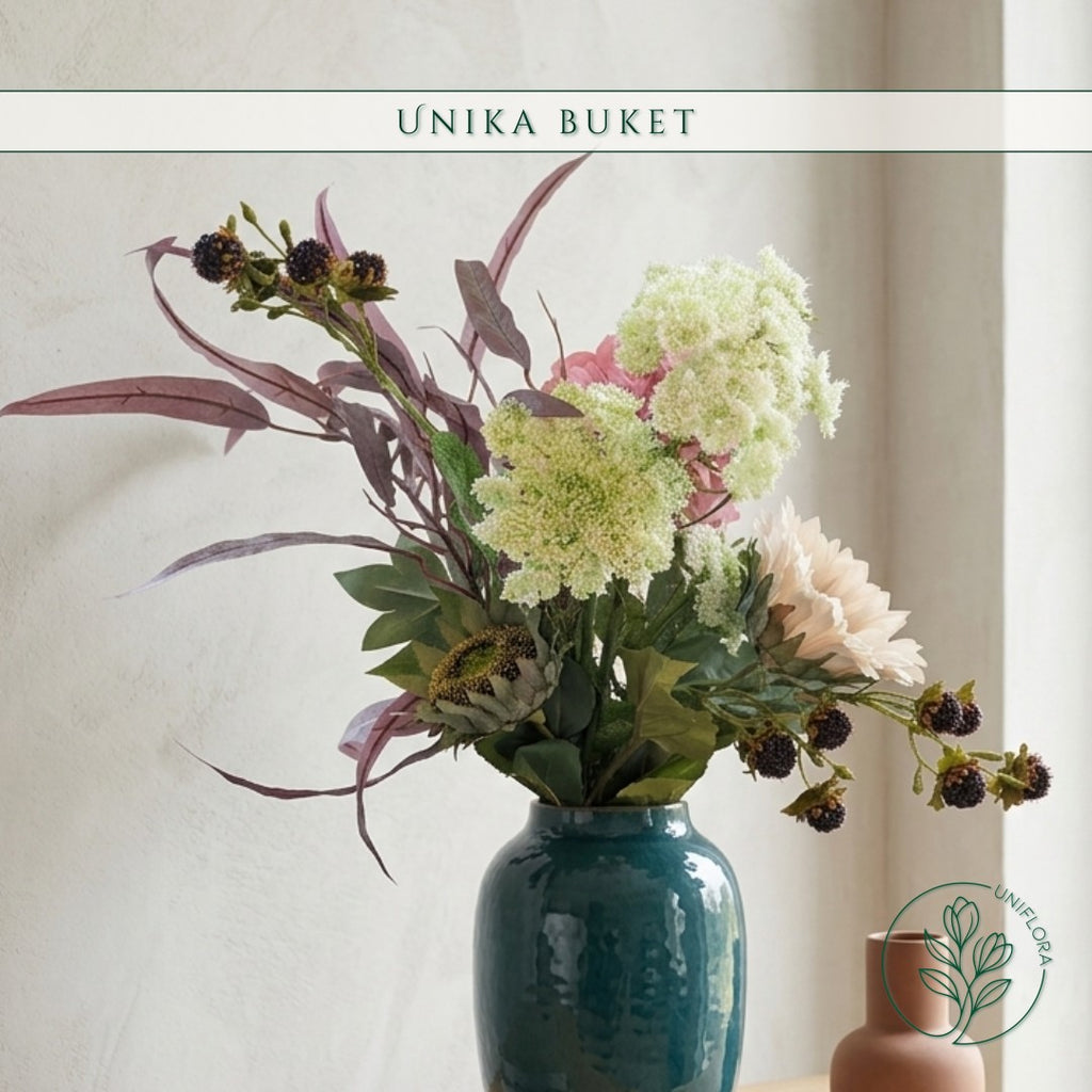Evighedsbuket Unika 26.8: Skovens Favn med nuancer af lys-brun, pink-1, lilla-1, hvid, bla, groen, jadegron - Uniflora