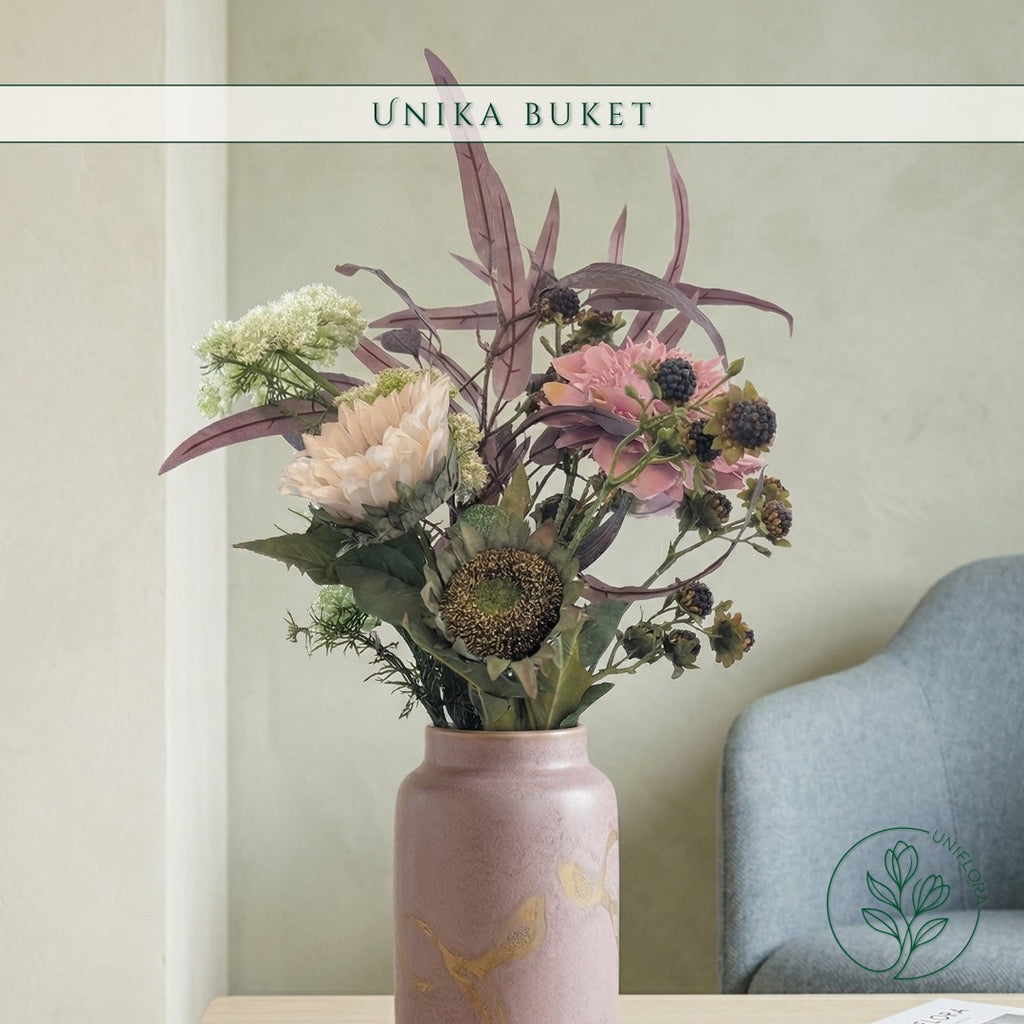 Evighedsbuket Unika 26.8: Skovens Favn med nuancer af lys-brun, pink-1, lilla-1, hvid, bla, groen, jadegron - Uniflora