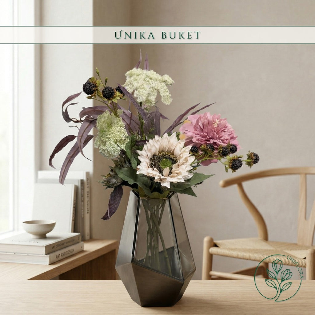 Evighedsbuket Unika 26.8: Skovens Favn med nuancer af lys-brun, pink-1, lilla-1, hvid, bla, groen, jadegron - Uniflora