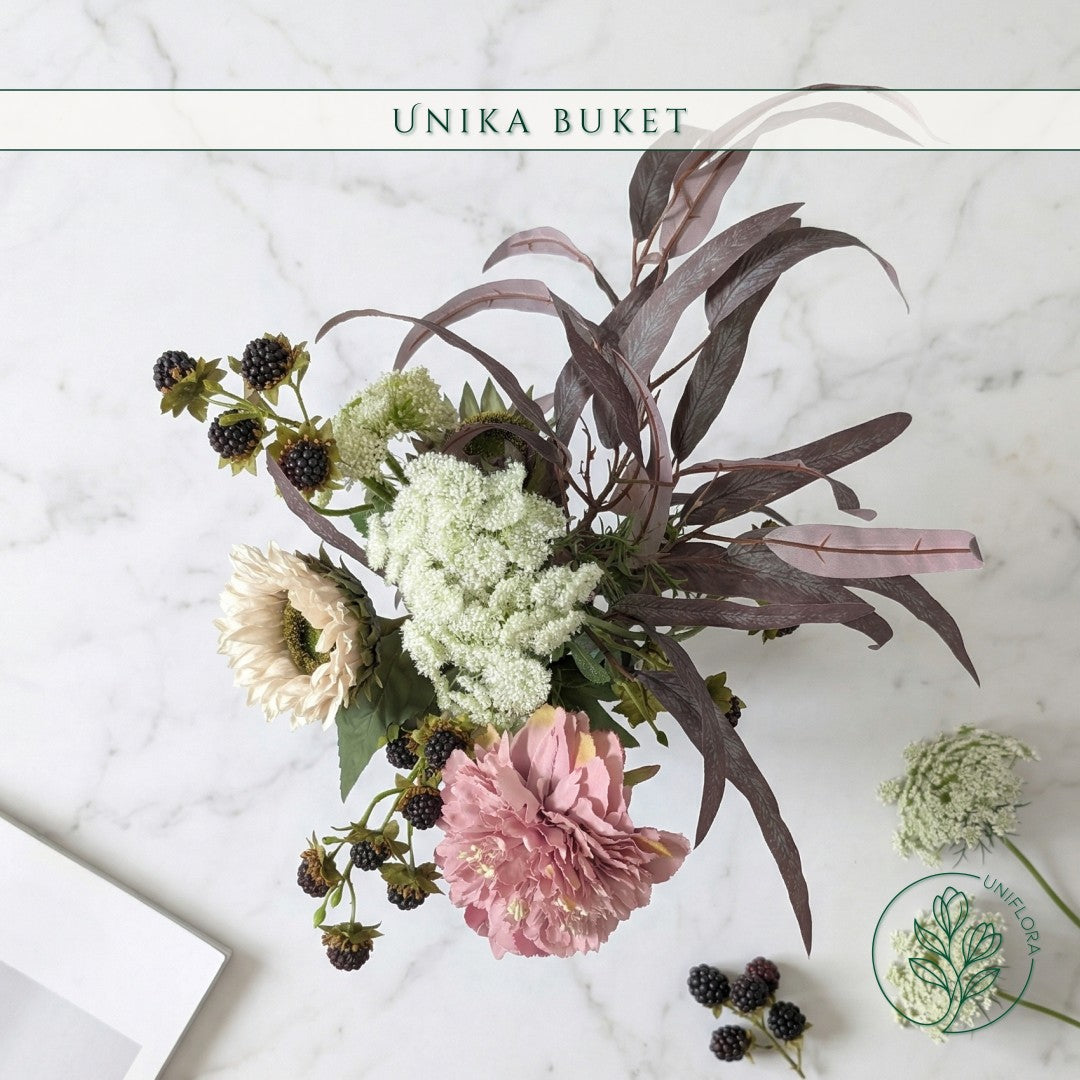 Evighedsbuket Unika 26.8: Skovens Favn med nuancer af lys-brun, pink-1, lilla-1, hvid, bla, groen, jadegron - Uniflora