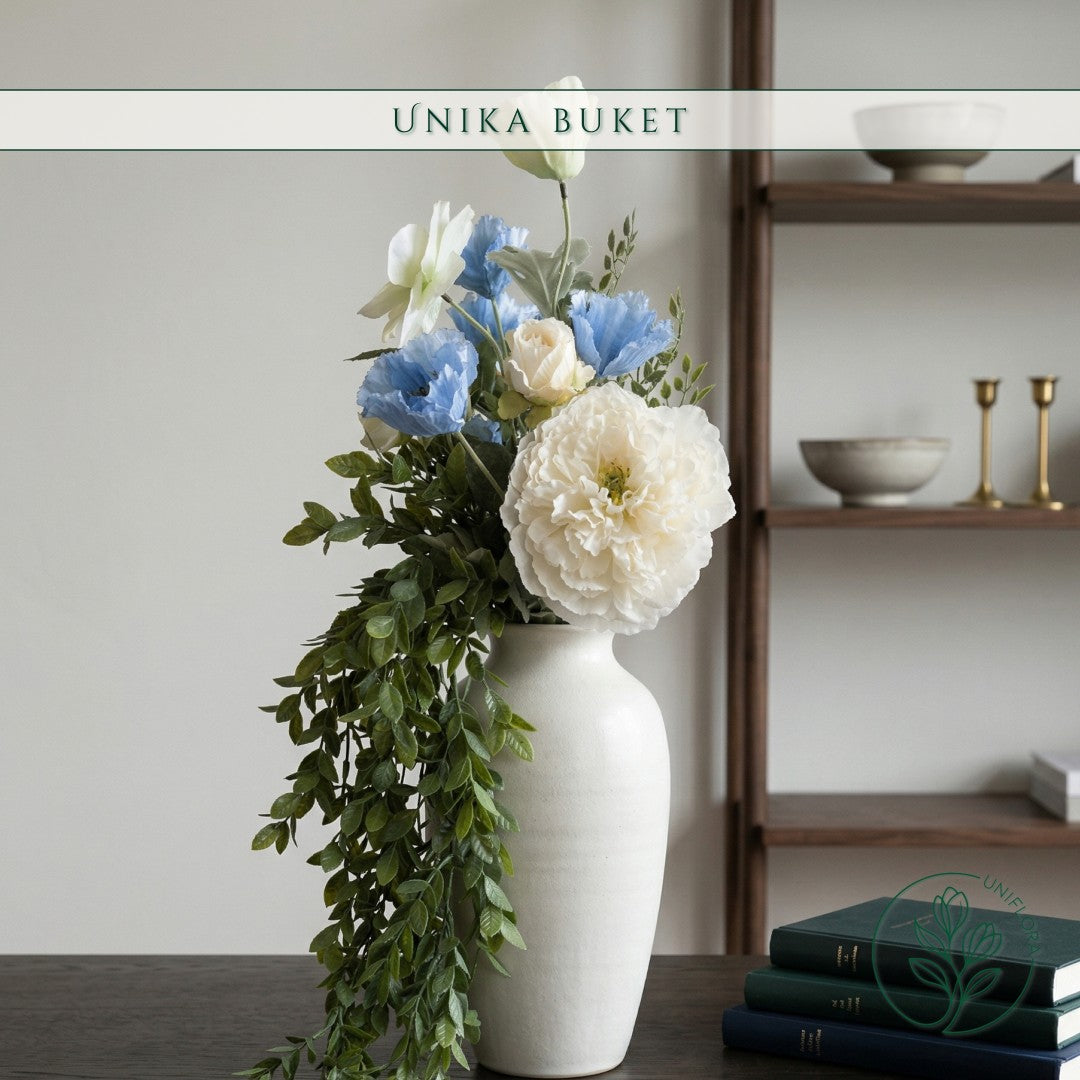 Evighedsbuket Unika 26.9: Kølig Skønhed med nuancer af hvid, bla-1, groen - Uniflora