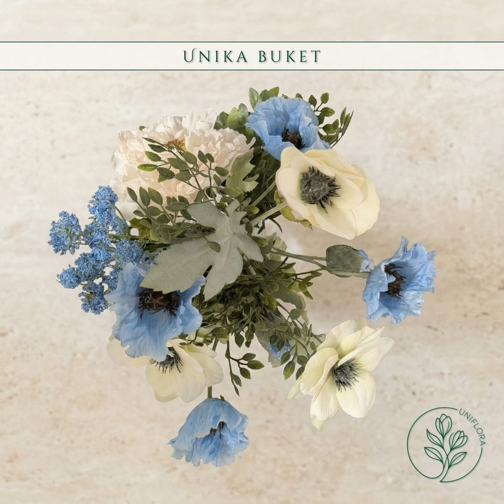 Evighedsbuket Unika 26.9: Kølig Skønhed med nuancer af hvid, bla-1, groen - Uniflora