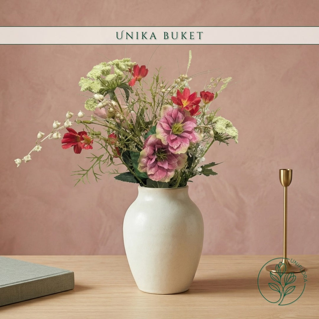 Evighedsbuket Unika 26.10: Naturlig Energi med nuancer af lys-brun, hvid, mellembrun, pink-1, mork-rod, pink, groen, jadegron - Uniflora