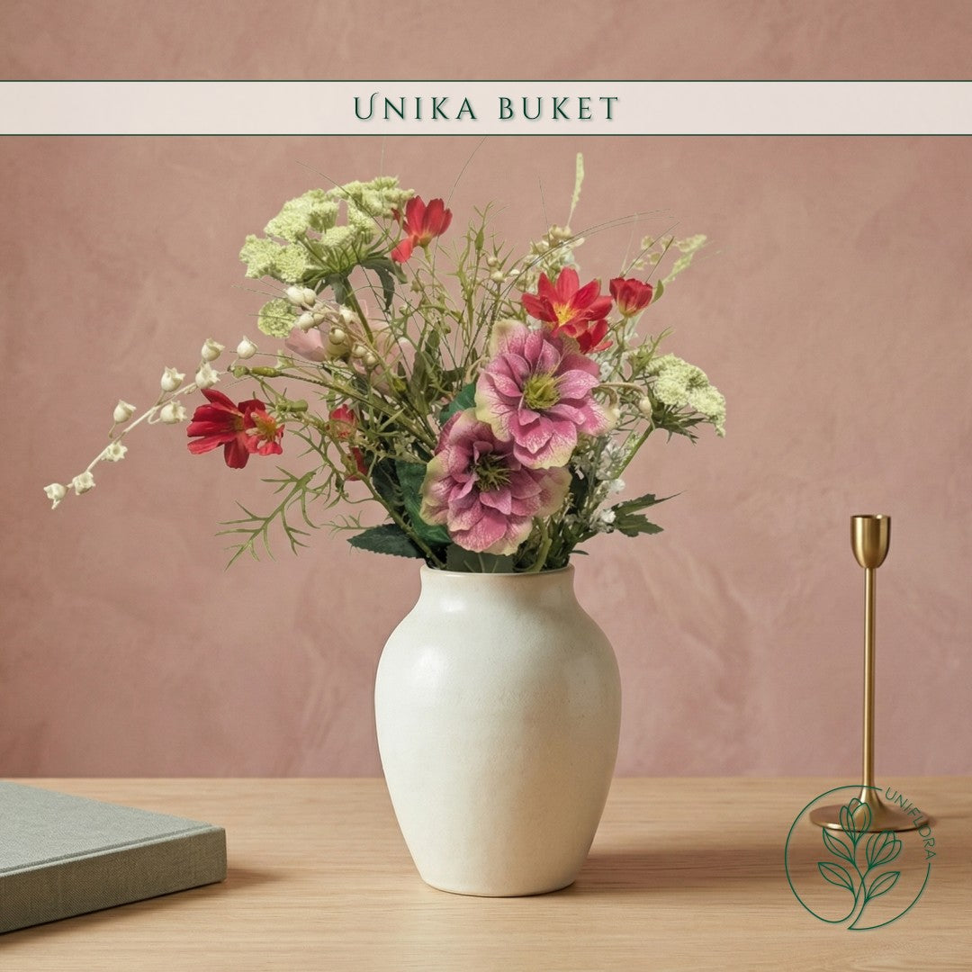 Evighedsbuket Unika 26.10: Naturlig Energi med nuancer af lys-brun, hvid, mellembrun, pink-1, mork-rod, pink, groen, jadegron - Uniflora