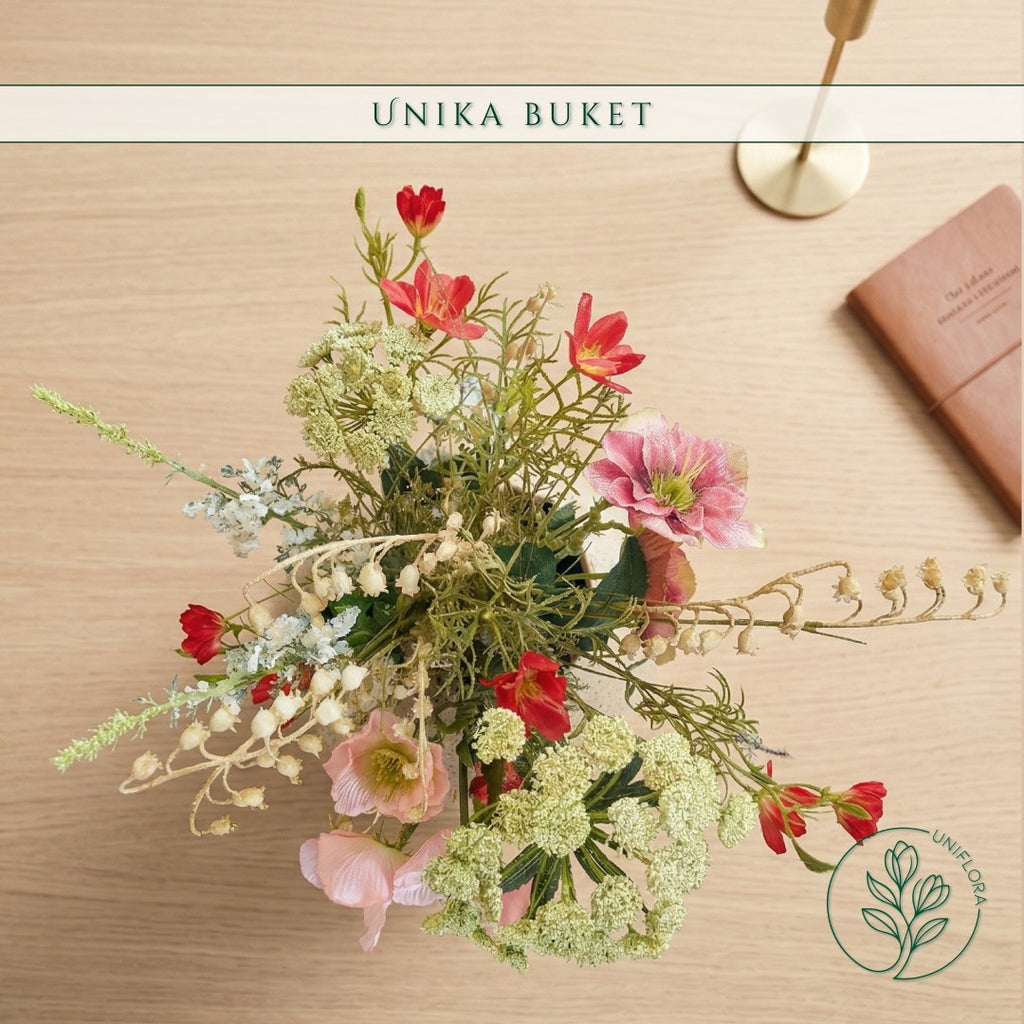Evighedsbuket Unika 26.10: Naturlig Energi med nuancer af lys-brun, hvid, mellembrun, pink-1, mork-rod, pink, groen, jadegron - Uniflora