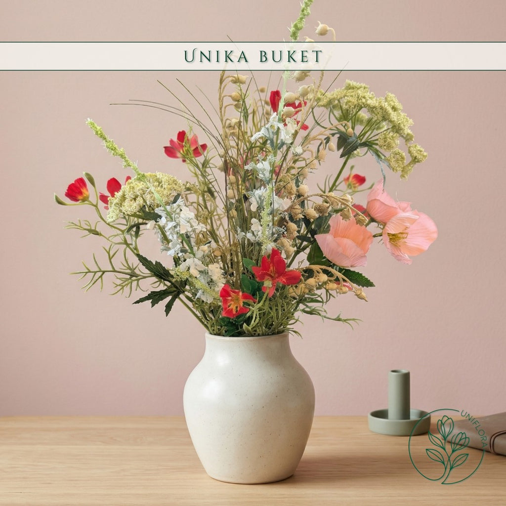 Evighedsbuket Unika 26.10: Naturlig Energi med nuancer af lys-brun, hvid, mellembrun, pink-1, mork-rod, pink, groen, jadegron - Uniflora